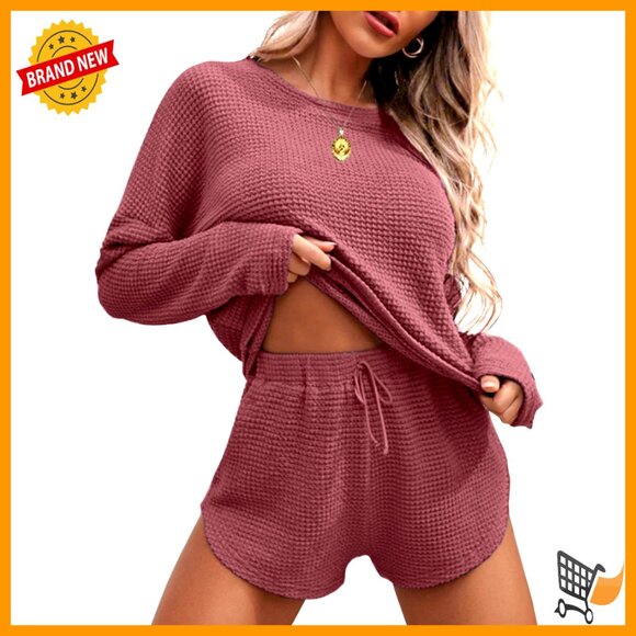 Waffle Knit Pajama Set Long Sleeve Top Shorts Lounge Wear with Pockets